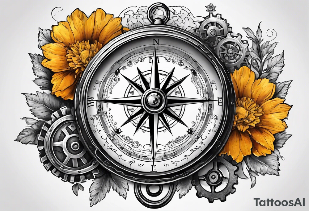 A Vintage compass with gears and marigold flower behind it. tattoo idea
