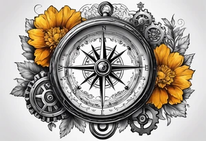 A Vintage compass with gears and marigold flower behind it. tattoo idea