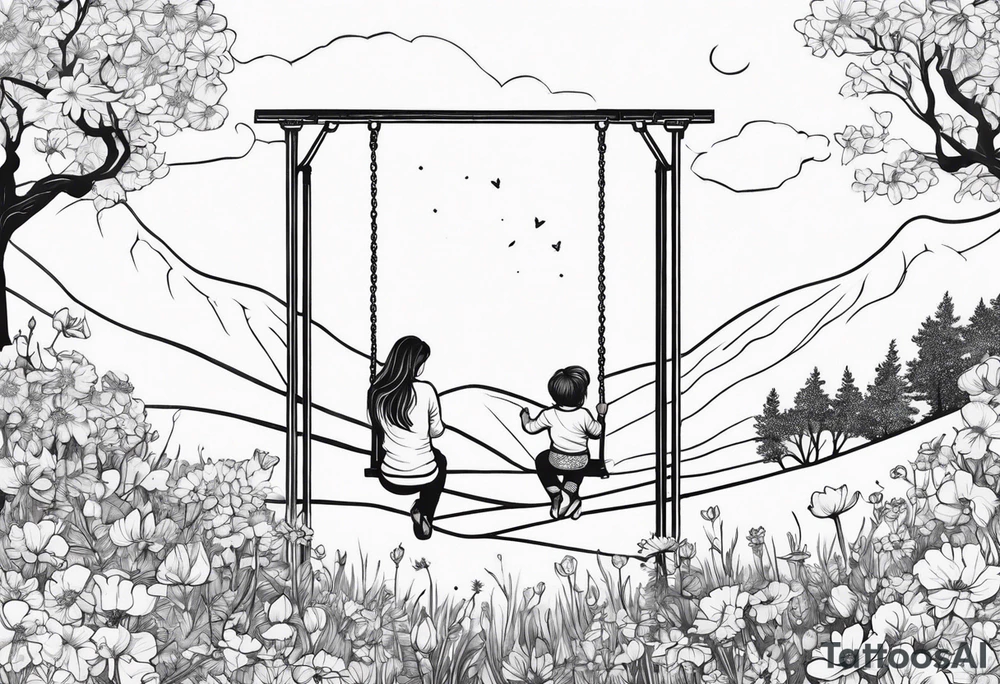 Mom with son and daughter on a swing in the distance in a field of flowers tattoo idea