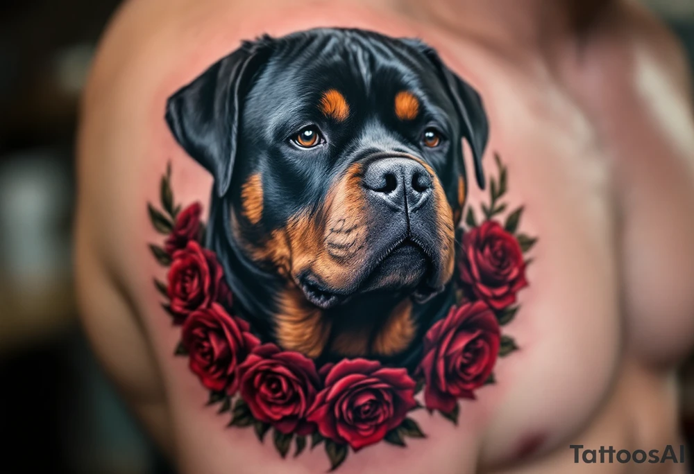 Rottweiler with Rose Wreath – A calm Rottweiler portrait surrounded by red and deep burgundy roses. Use full color with high contrast between the dark fur and bright petals. tattoo idea