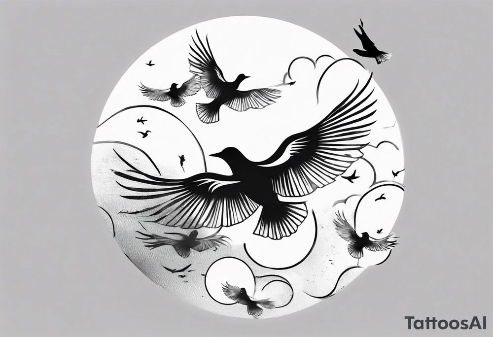 shoulder tattoo with light rays with birds flying free among the clouds, round shape, with gradient ends tattoo idea