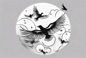 shoulder tattoo with light rays with birds flying free among the clouds, round shape, with gradient ends tattoo idea