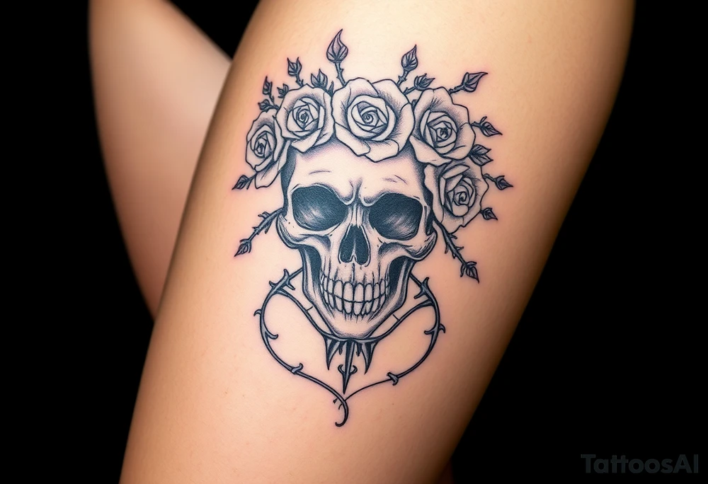 ornate skull adorned with crown of wild roses and thorns tattoo idea