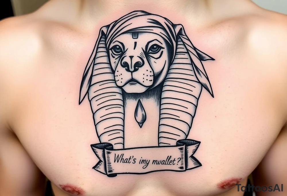 "Sphinx wearing a bandana, teardrop tattoo under its eye. Riddle scroll says: 'What’s in my wallet? (Answer: NFT deeds to the pyramids)'.  

Style: Prison tattoo meets hieroglyph carving. Black ink, chest piece." tattoo idea