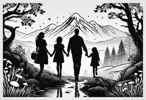 Family silhouette of a father, a mother with long straight blonde hair, oldest son, middle daughter, and small daughter foraging mushrooms with mountains and creek in background tattoo idea