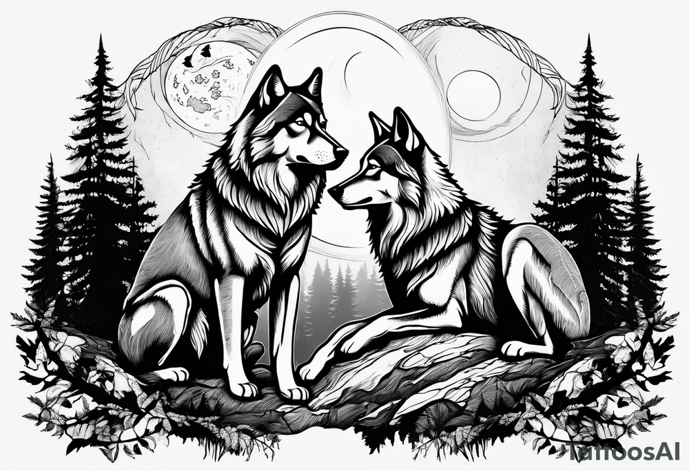 Mountain peaks
Two wolves sitting at end of trail
Moon
Dark woods tattoo idea