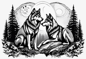 Mountain peaks
Two wolves sitting at end of trail
Moon
Dark woods tattoo idea