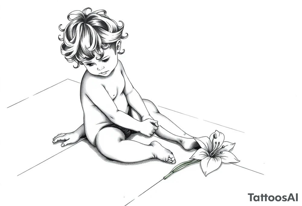 A simple tile floor with a minimalist curler child sitting on the floor with a lily next to her tattoo idea
