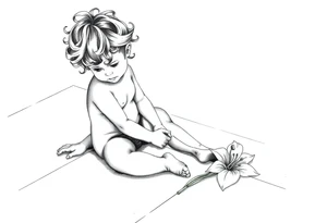A simple tile floor with a minimalist curler child sitting on the floor with a lily next to her tattoo idea