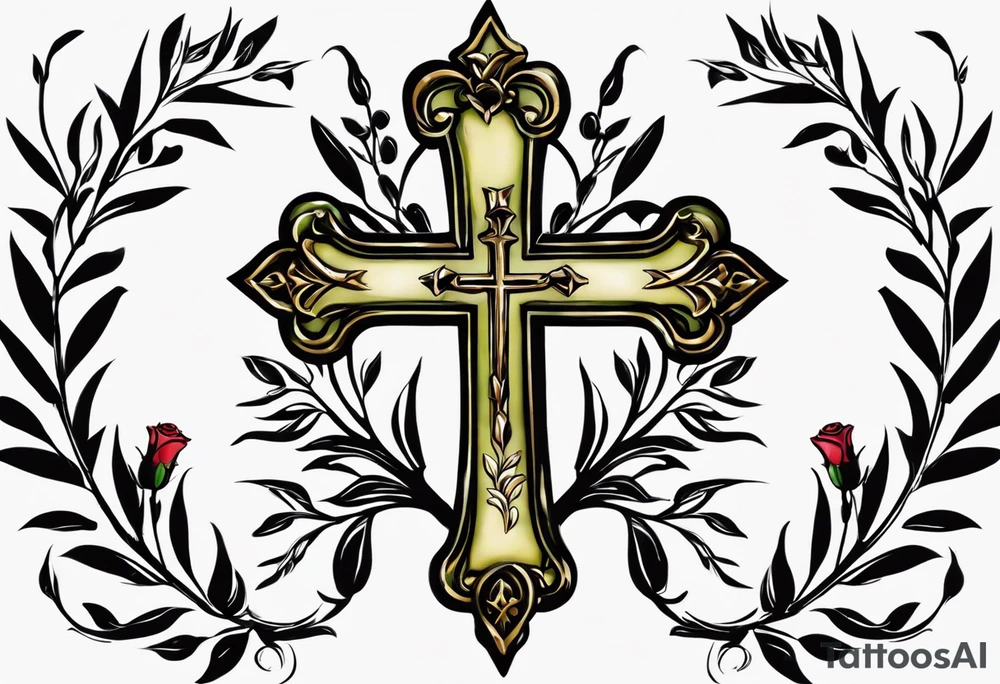 olive branch on wirst at bottom shaped like a manura lamp. A cross above that with smallers olive and rose branches and roses arount it with a crown above the cross on bothe sides small hebrew letters that say king of glory and the other says yeshua messiah in hebrew tattoo idea