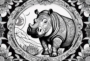 Hippo, flowers, moon, interstella , artic surreal, 
Extreme fine lines, +tribal, +geometric, develop from my favourites tattoo idea