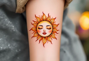A stylized sun with the son’s face subtly etched in gold and burnt orange rays. tattoo idea