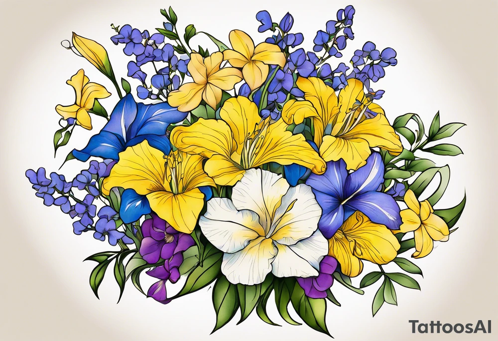 Bouquet tattoo tied with a ribbon With the following flowers on forearm. 
Carnations
Lilly’s 
Larkspur 
Morning glory 
Iris 
Yellow cedar
Yellow elder 
Forget me not 
Purple violets 
Lingum vitae 
Dogwood flower tattoo idea
