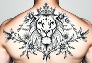 powerful majestic lion with a crown, surrounded by floral ornaments and birds tattoo idea