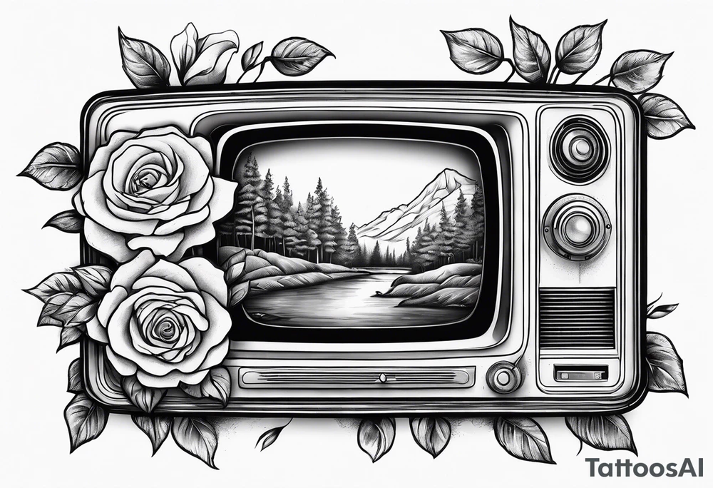 Retro TV with roses and daisys tattoo idea