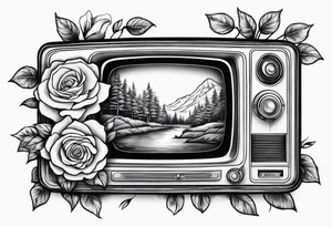 Retro TV with roses and daisys tattoo idea
