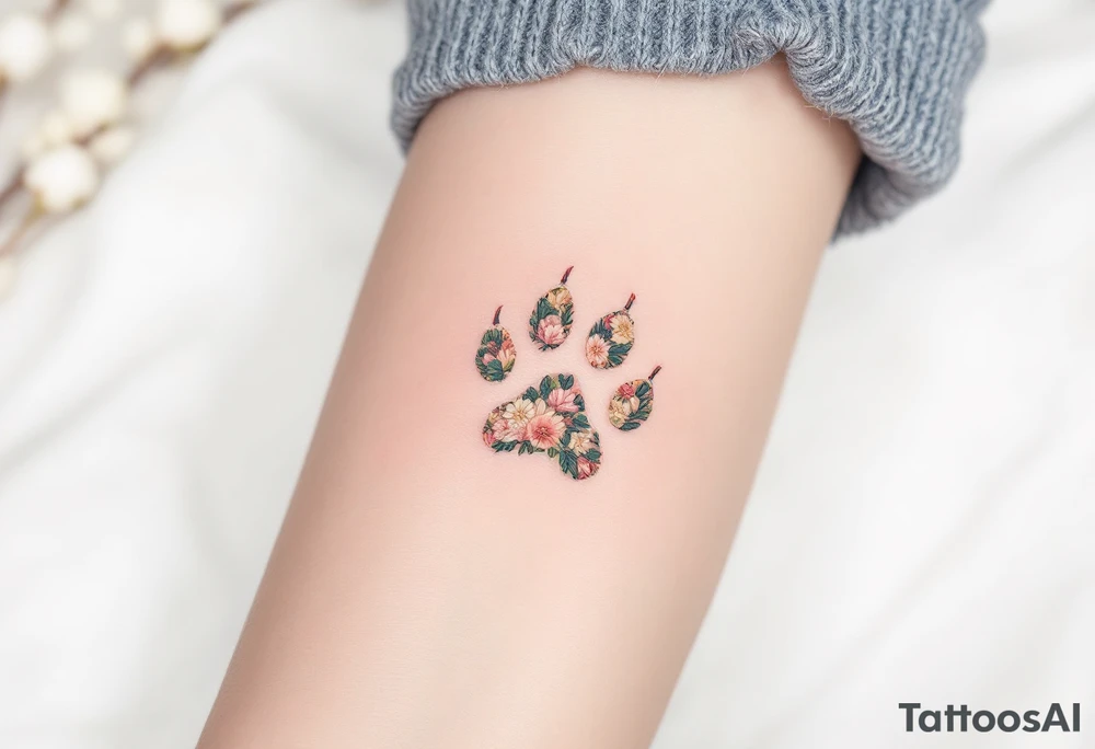 Botanical Paw Prints – Cat paw outlines made up of miniature flowers and leaves in green, rose, and beige tones, combining nature and feline grace. tattoo idea