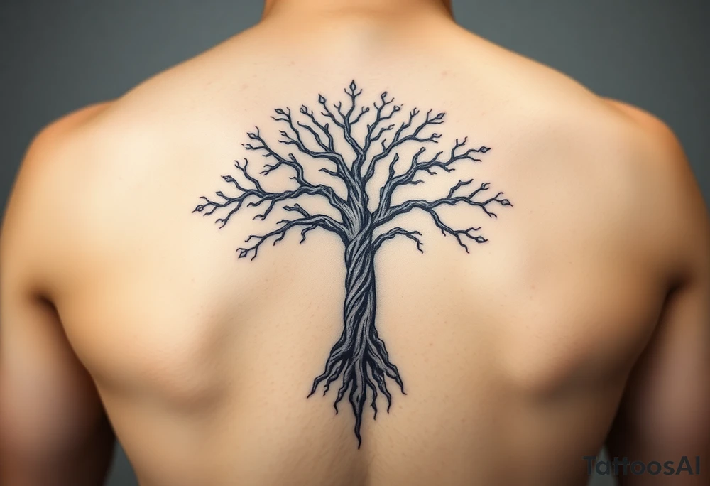 mystical tree of life with cosmic roots and celestial branches tattoo idea