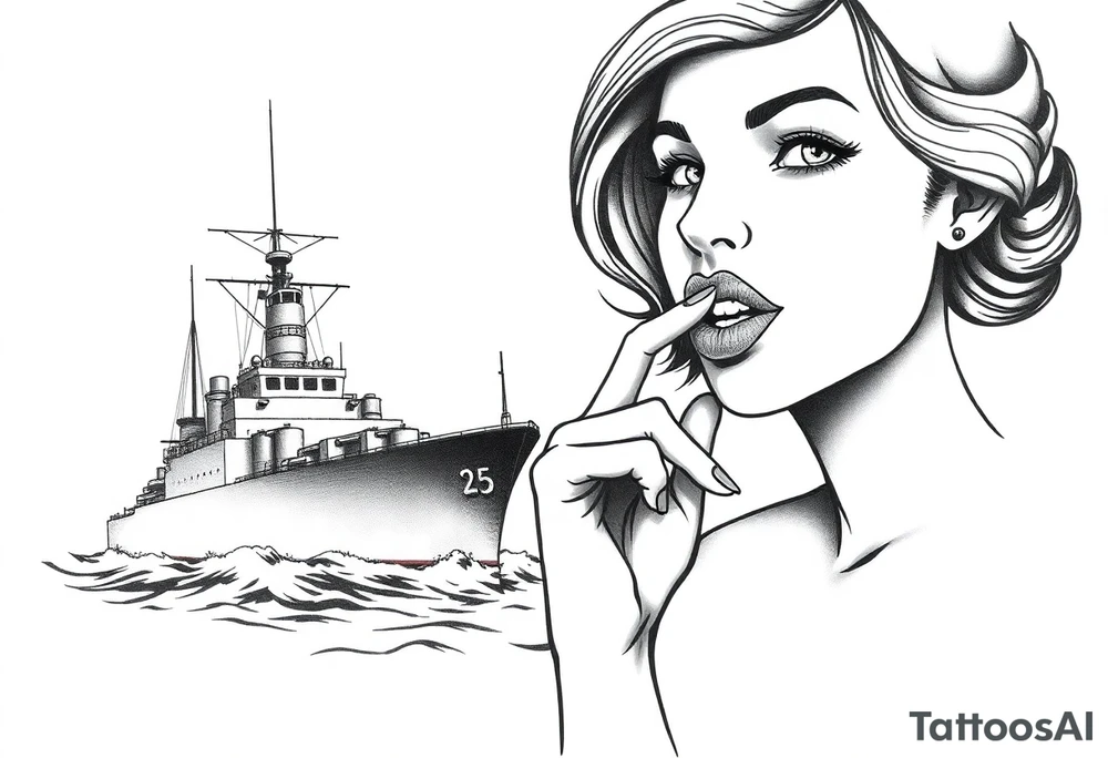 representation of war propaganda: Loose lips sink ships. Must include ship and a sexualised woman with her finger to her lips tattoo idea