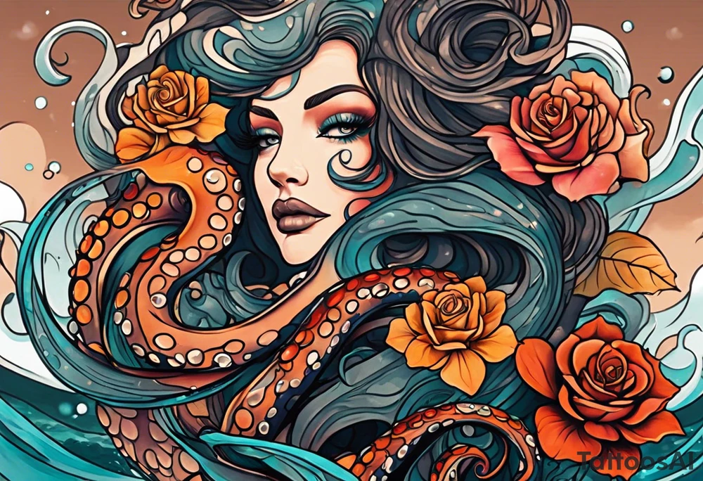 abstract gender-neutral Octopus Arm Sleeve tattoo with subtle facial features, a small rose, water swirls, rocks, underwater features in fall colors tattoo idea