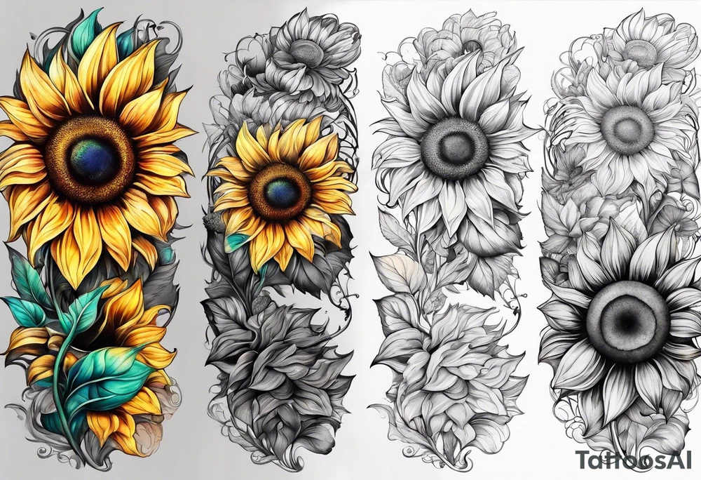 Colorful sunflower arm sleeve tattoo idea