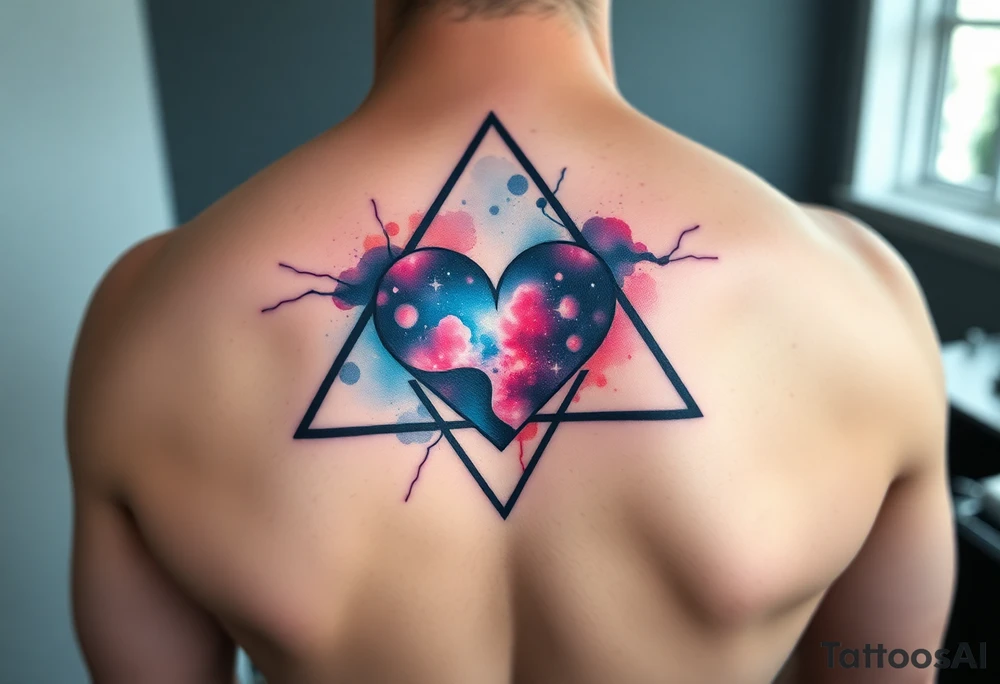 A triangle with a big heart in the center and  
galaxy inside the triangle tattoo idea