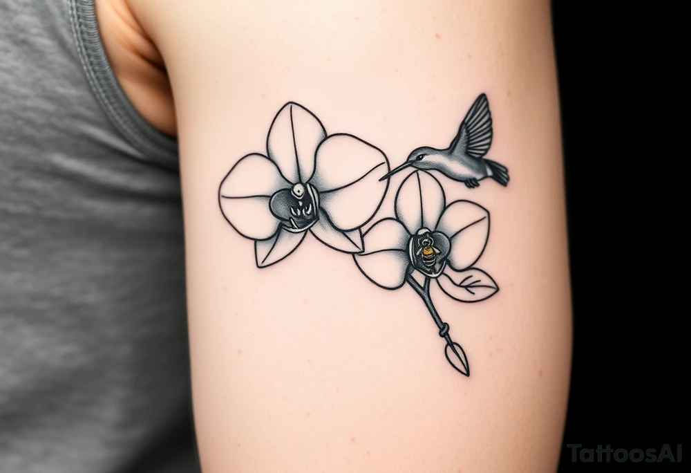 A delicate, black and white fine-line tattoo for male, featuring gracefully detailed 2 orchids in full bloom including their stems, with soft, intricate petals and elegant curves. Beside it, a hummingbird hovers mid-flight, its wings drawn with subtle motion lines, its slender beak reaching toward the orchid’s center to drink its nectar. on the other flower there is a bee that is resting tattoo idea