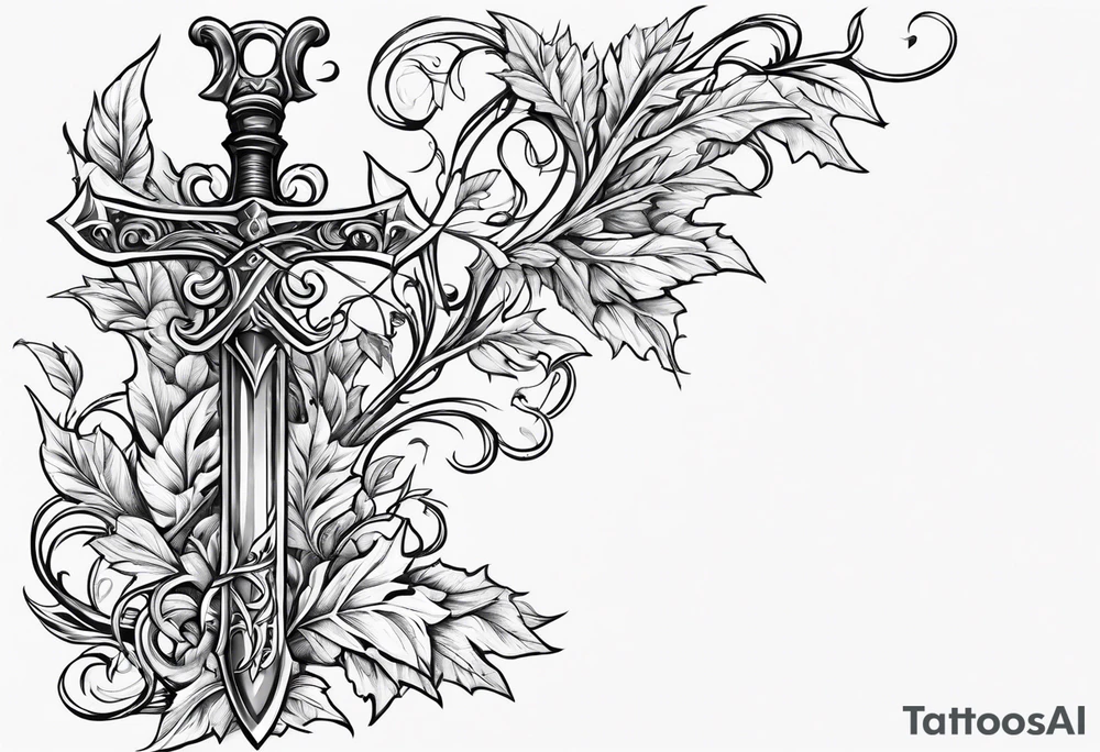 Leafy vines with sword tattoo idea