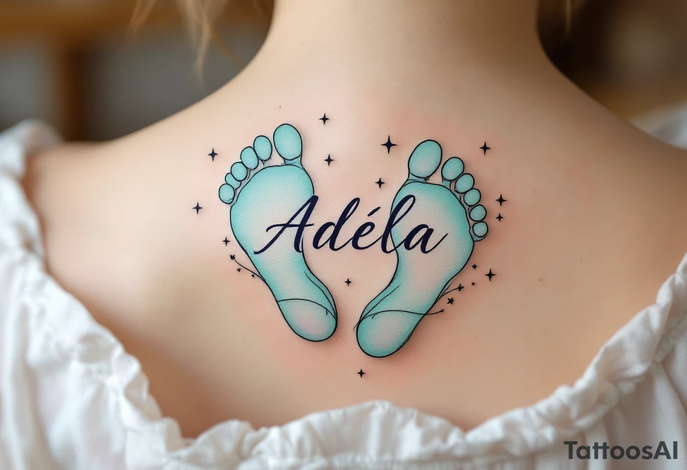 Mint green and pale lavender footprints with name Adéla, surrounded by small stars that reflect her shining future. tattoo idea