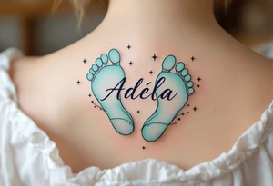 Mint green and pale lavender footprints with name Adéla, surrounded by small stars that reflect her shining future. tattoo idea