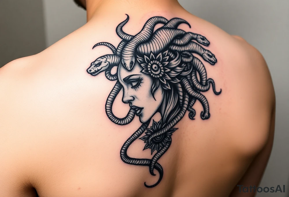 Side portrait of Medusa with snakes heads and mandala tattoo idea