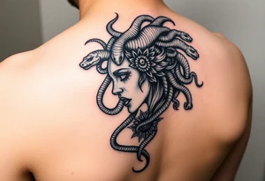 Side portrait of Medusa with snakes heads and mandala tattoo idea