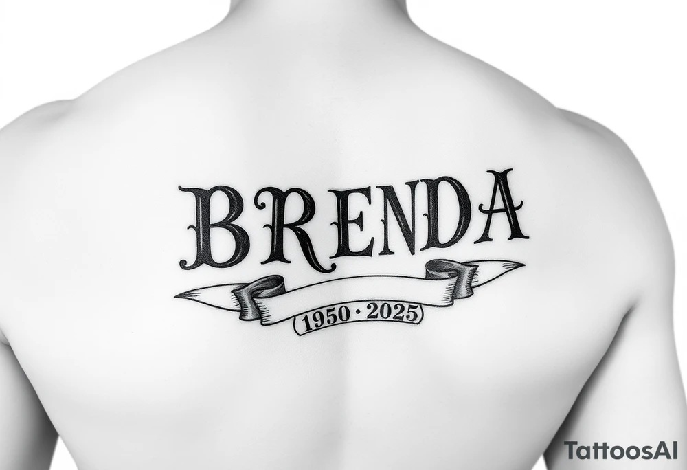 "B
R
E
N
D
A" going down arm
 WITH RIBBONS UNDERNEATH SHOWING 1950-2025 tattoo idea