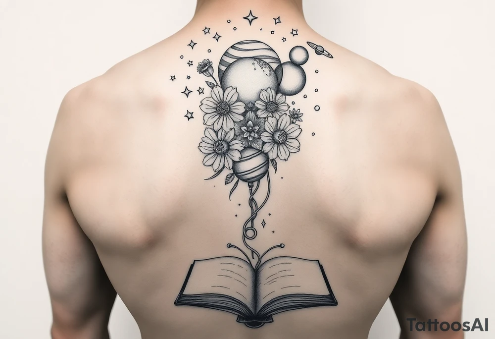 line art drawing of a womans torso with stars, flowers and planets coming from her head. her arms are crossed onto her shoulders,. An open book at the bottom tattoo idea