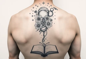 line art drawing of a womans torso with stars, flowers and planets coming from her head. her arms are crossed onto her shoulders,. An open book at the bottom tattoo idea