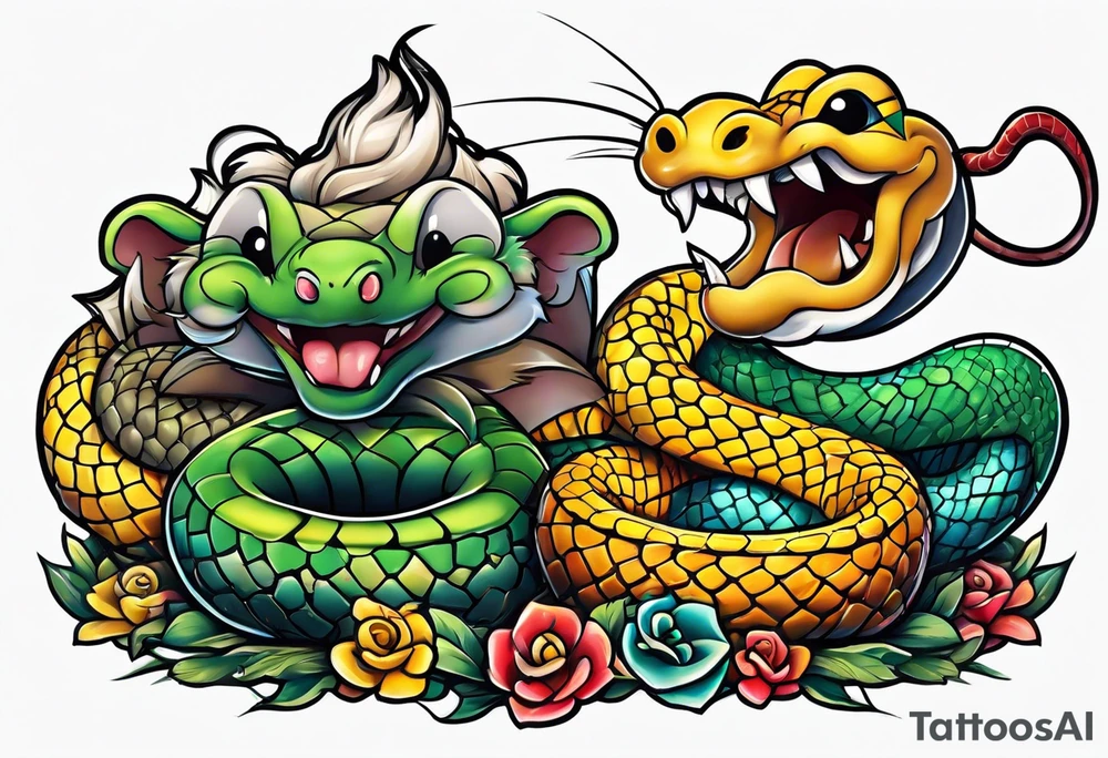 A mouse and snake having fun while sword fighting tattoo idea