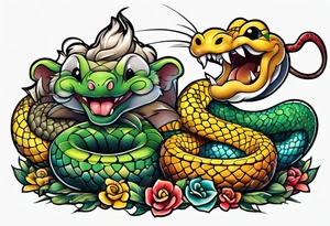 A mouse and snake having fun while sword fighting tattoo idea