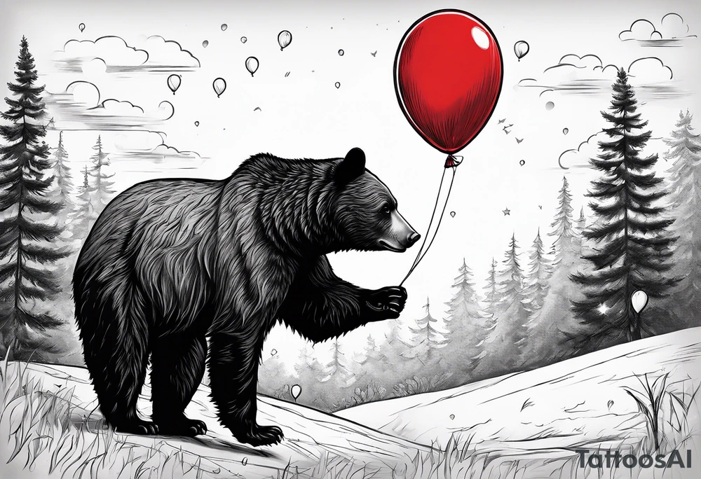 black bear protecting a headhog with a red baloon. The balloon has 5 little stars on it tattoo idea
