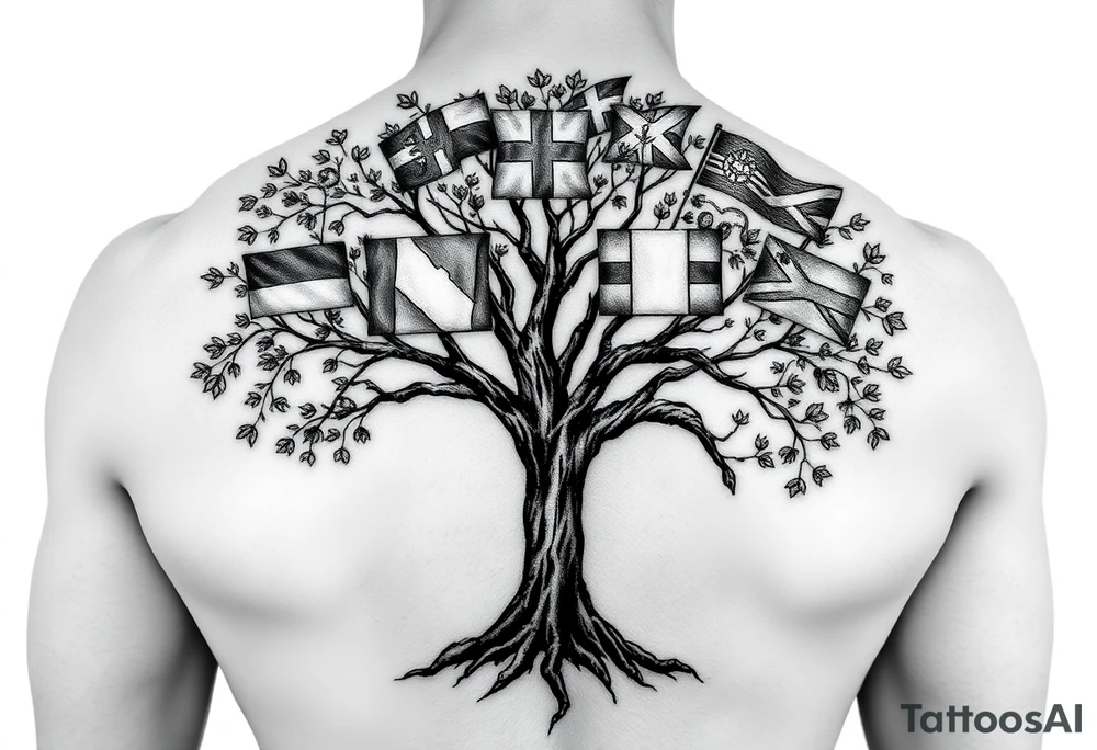 Tree with leaves that are country flags from Prussia,  Ireland, wales, scotland, England, and catawba tribe tattoo idea
