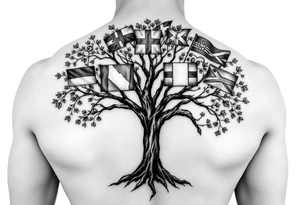 Tree with leaves that are country flags from Prussia,  Ireland, wales, scotland, England, and catawba tribe tattoo idea