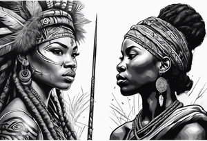 African woman warrior holding spear with deadlocks and earrings. Tribe marks on her face and tree Branch brids and lion in the background tattoo idea