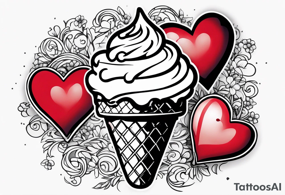sketch chocolate chip ice cream cone with one red heart tattoo idea