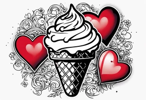 sketch chocolate chip ice cream cone with one red heart tattoo idea