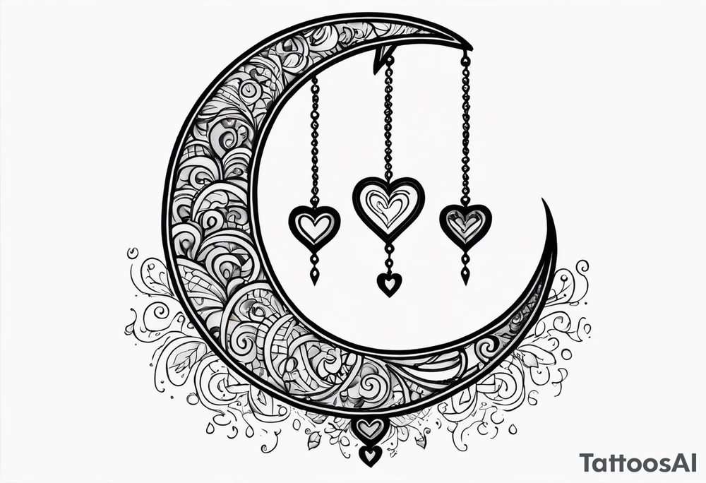 Crescent moon with a love heart inside it and 4 hearts dangling from it tattoo idea
