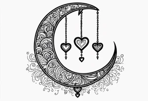 Crescent moon with a love heart inside it and 4 hearts dangling from it tattoo idea
