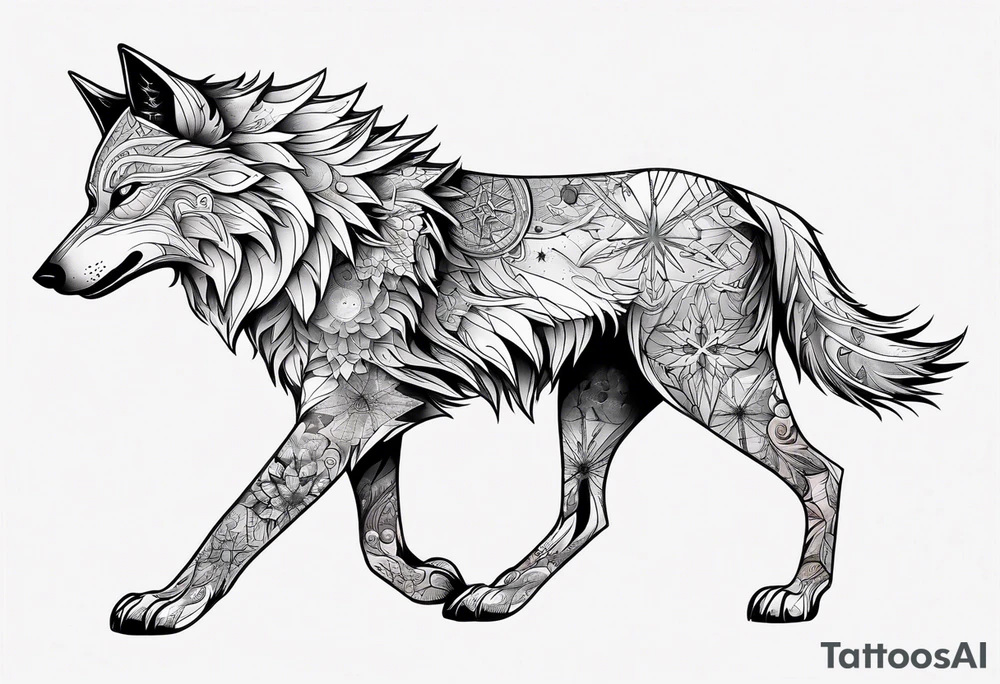Constellation, animal alien wolf, snowflake tattoo idea