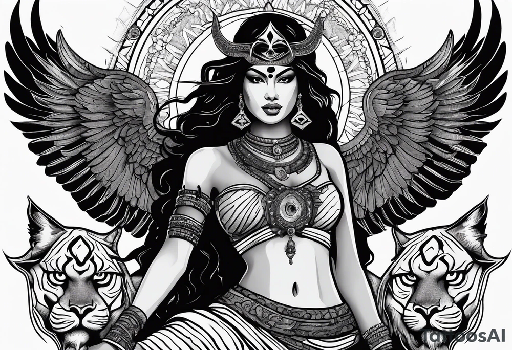 black kali, goddess pirate, alien, angel, pachamama, valkrye, warrior, flying, skull, lotus azul, wing, eagle, zenza resonance, stars, 5D, anahata chakra, death, durga, riding on a tiger, flying lady, kundalini, chest tatoo, rebel tattoo idea