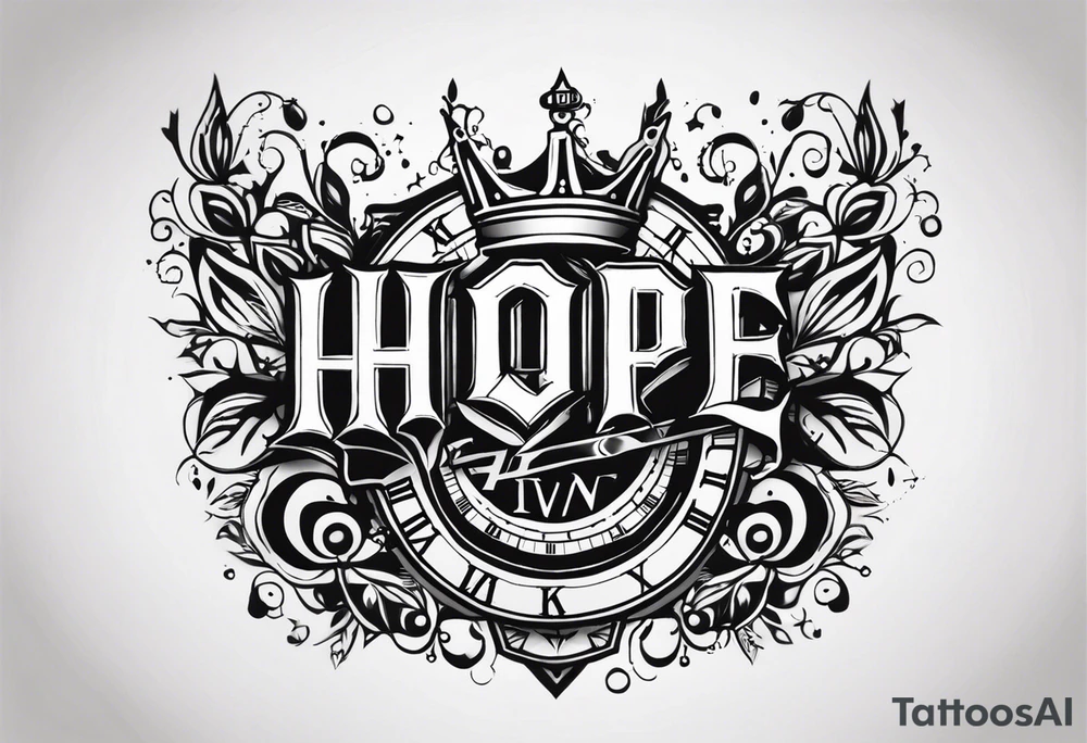 HOPE lettering, broken clock, king crown incorporated within letters tattoo idea