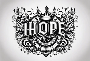 HOPE lettering, broken clock, king crown incorporated within letters tattoo idea