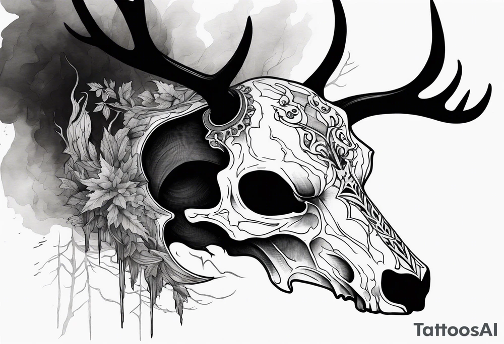 scary side view of a DECAYING deer skull JUST BONE surrounded by a forest fire in background tattoo idea